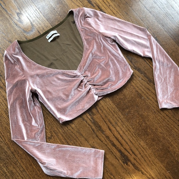 Vintage Velvet Ribbed Ruched Mauve Pale Pink Stretch Boho Bohemian Crop Top - Picture 2 of 5